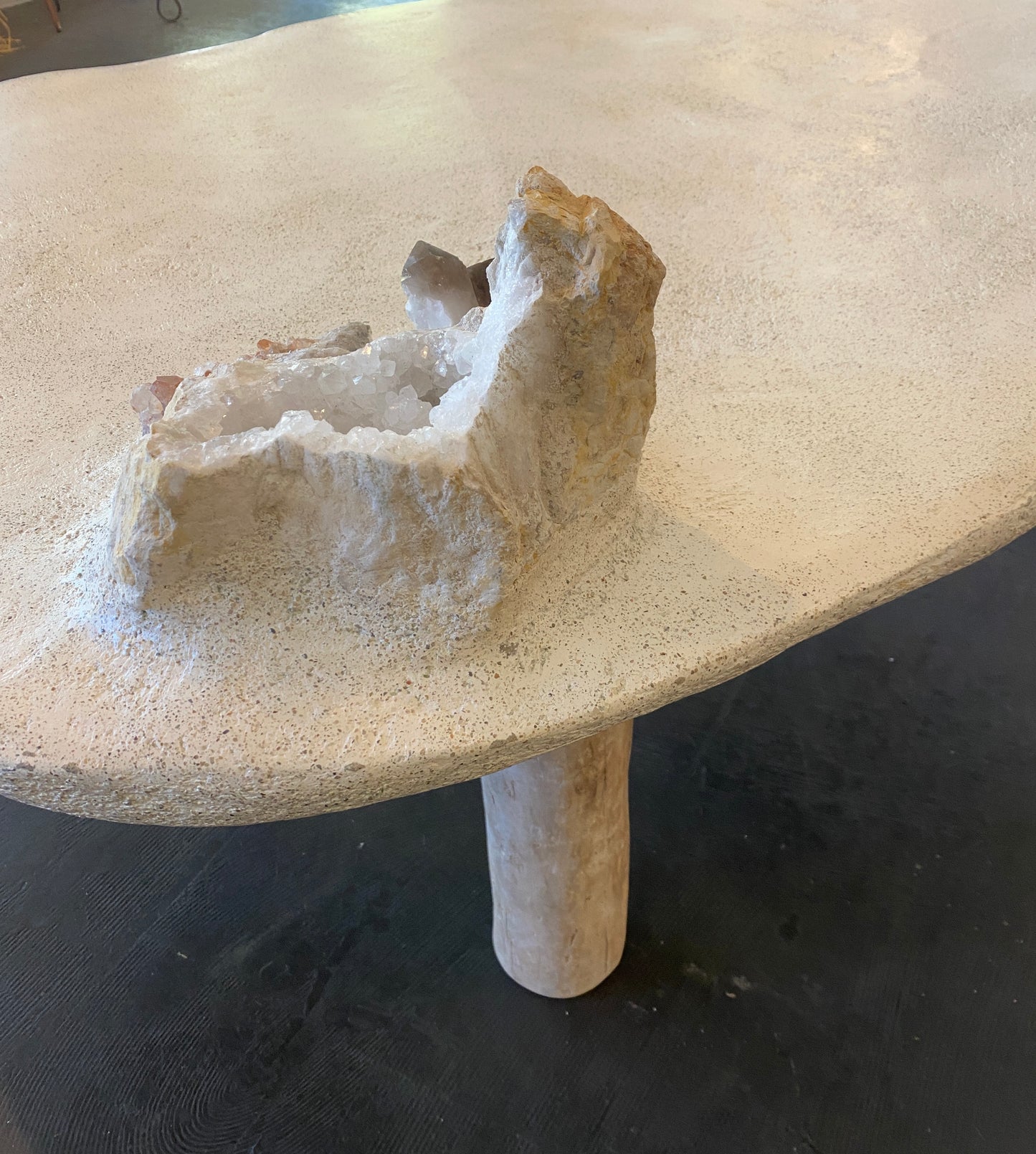 S + G Handcrafted Concrete, Stucco, Driftwood Table with Crystals