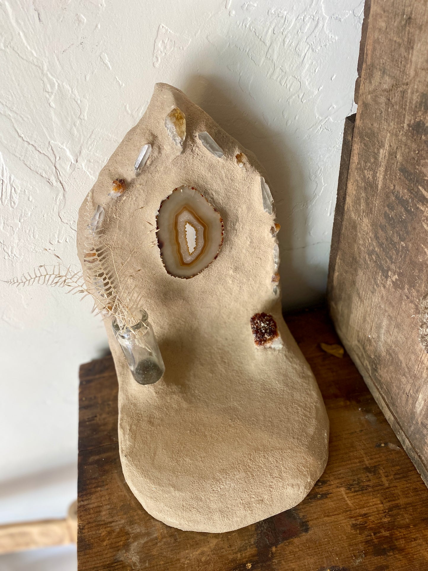 Earth Altar Citrine, Quartz + Agate with Antique Bottle Vase