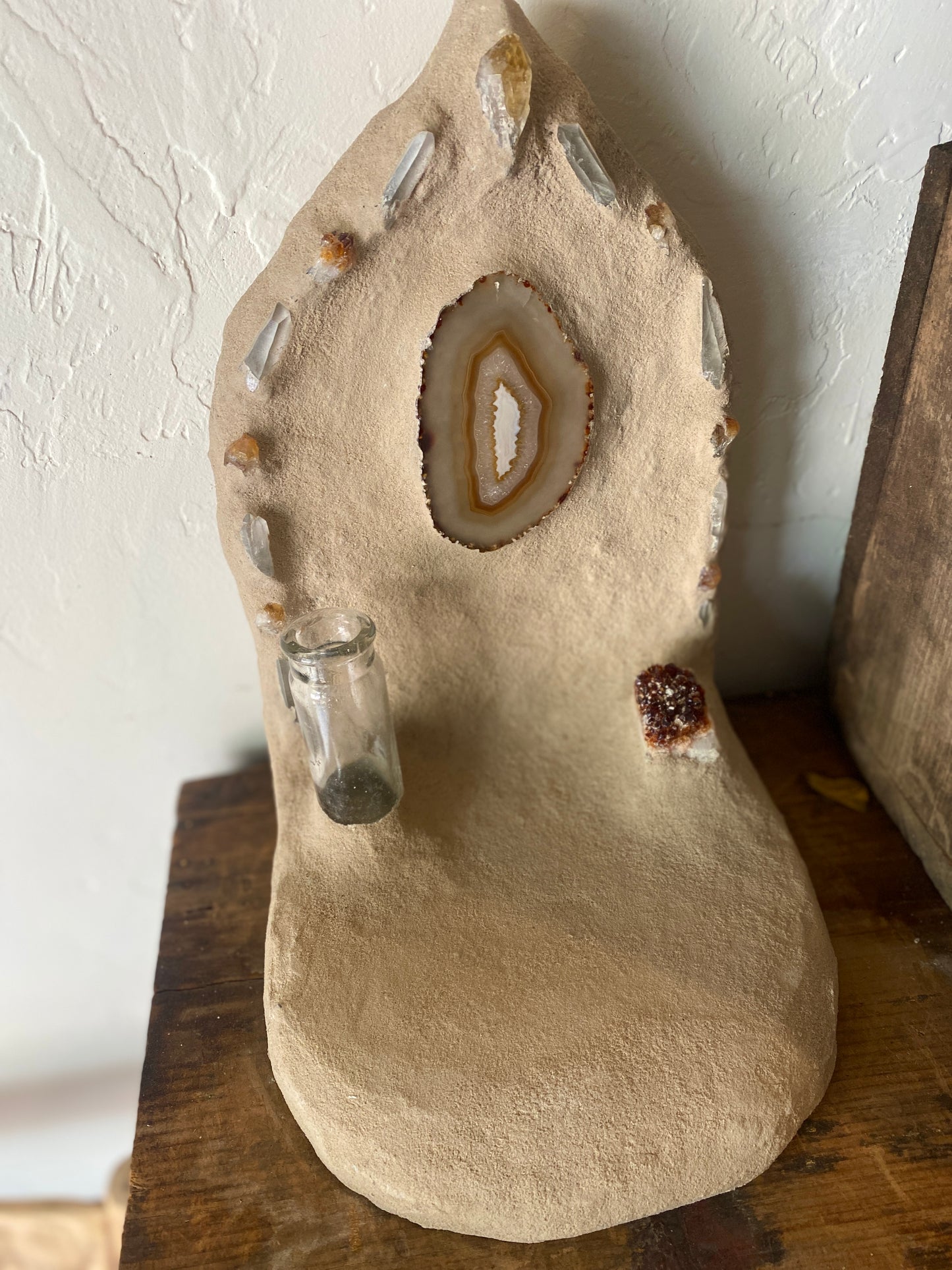 Earth Altar Citrine, Quartz + Agate with Antique Bottle Vase