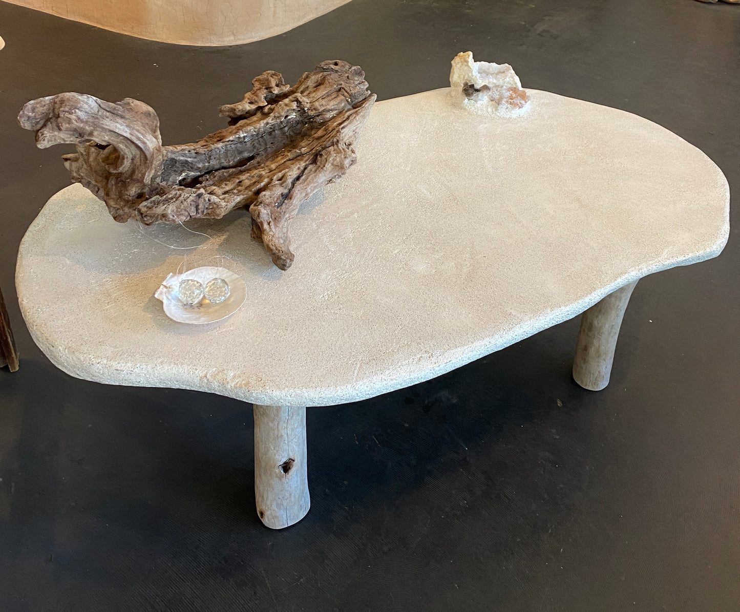 S + G Handcrafted Concrete, Stucco, Driftwood Table with Crystals