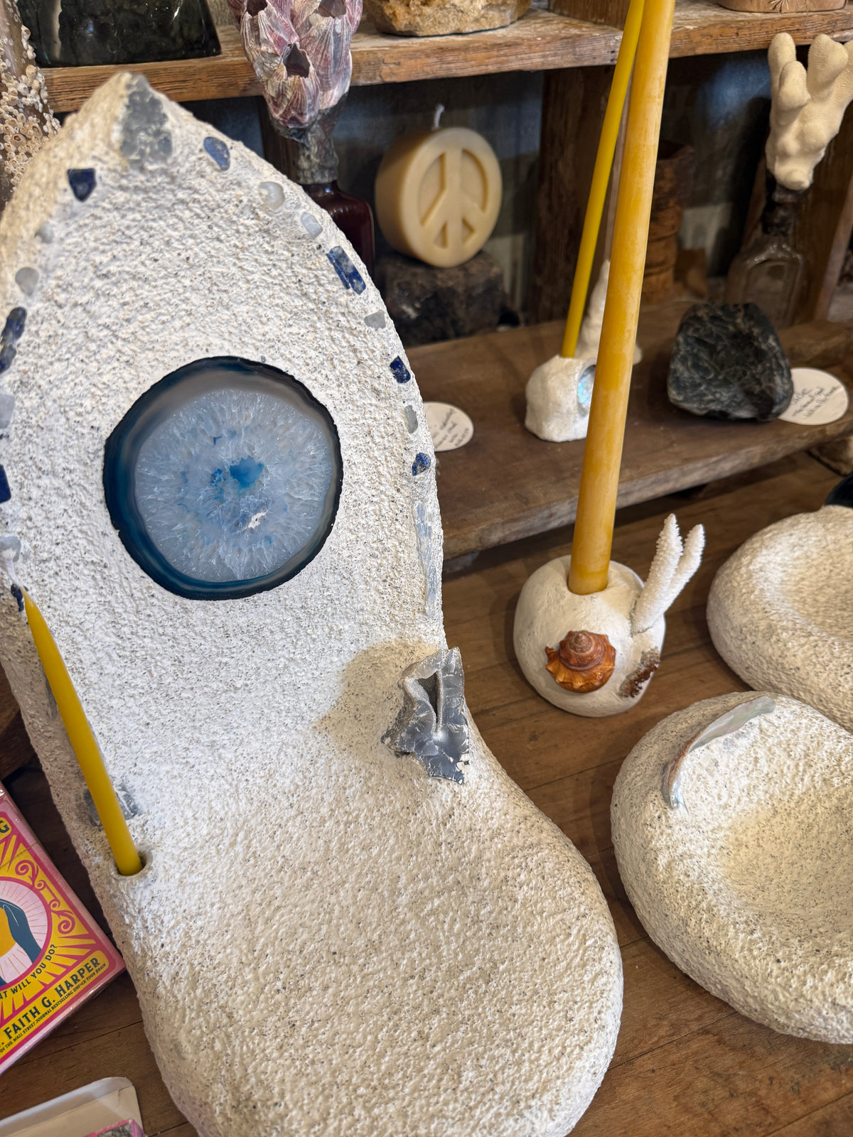 Earth Altar Blue Agate, Celestite, Kyanite, Moonstone with Candleholder