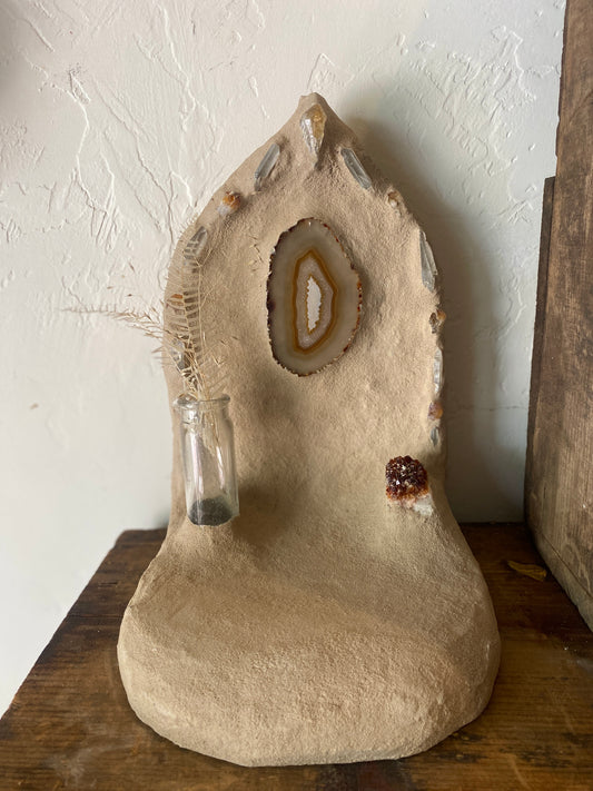 Earth Altar Citrine, Quartz + Agate with Antique Bottle Vase