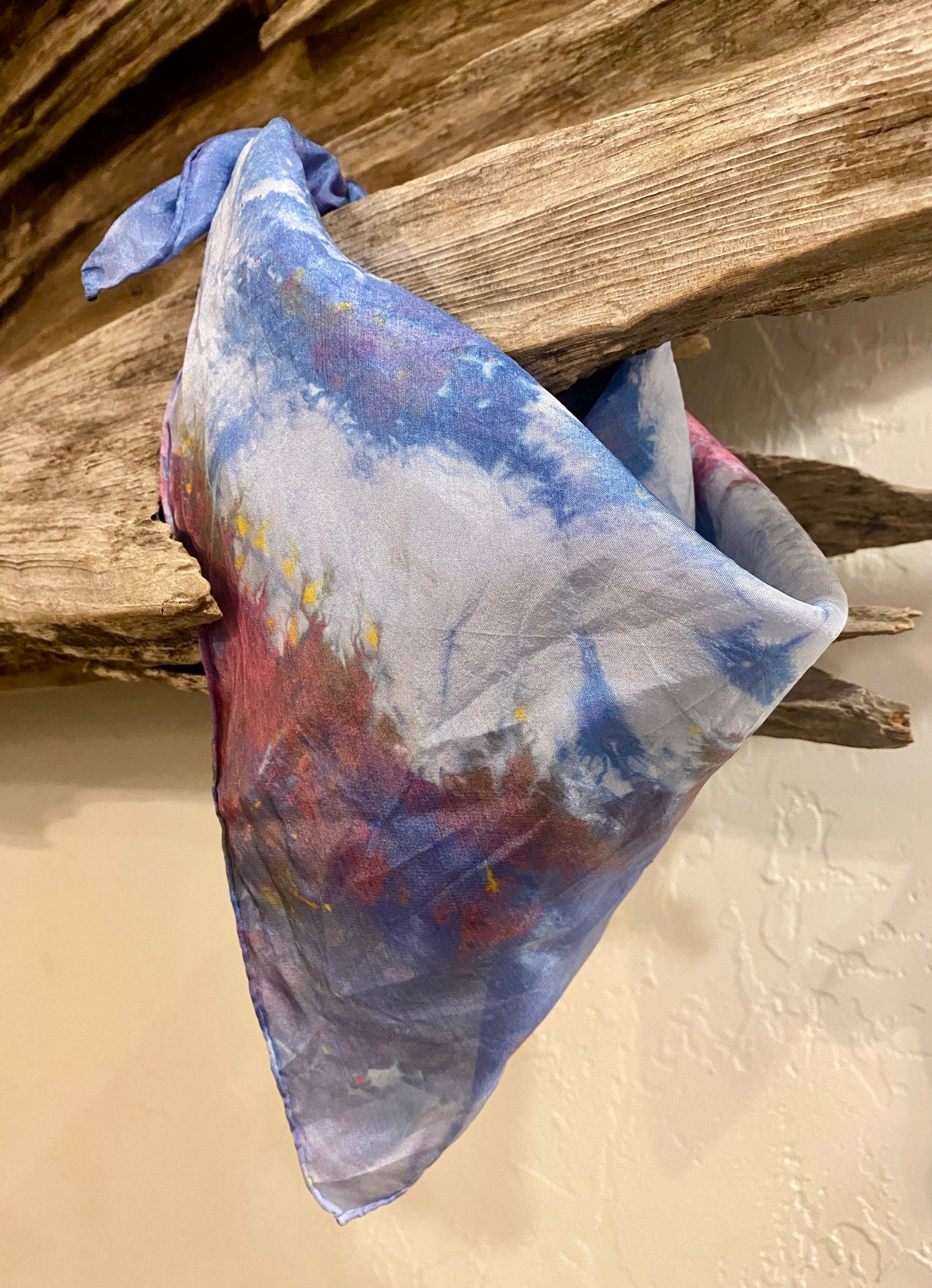 Pigment Agate Dyed Silk Bandana Scarf in Blues and Purples.