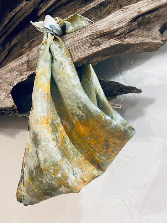 Pigment Agate Dyed Silk Bandana Scarf in Greens + Yellows