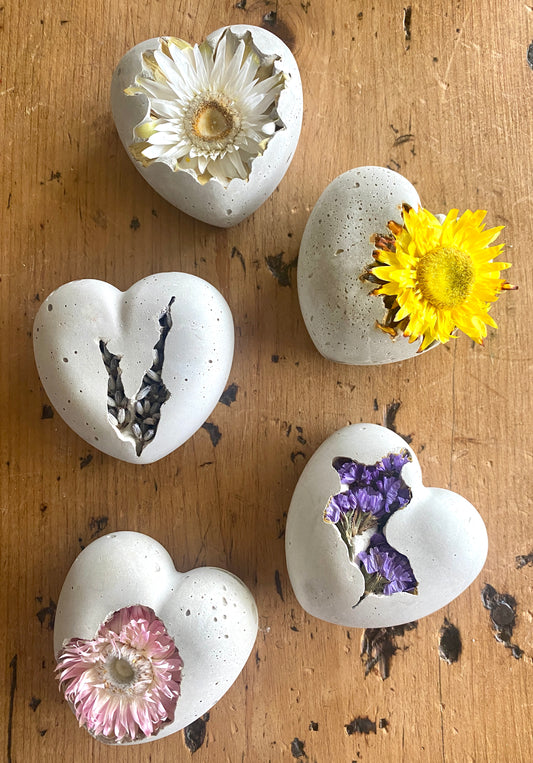 Half Dozen Mix of Various Petrified Concrete Floral Hearts
